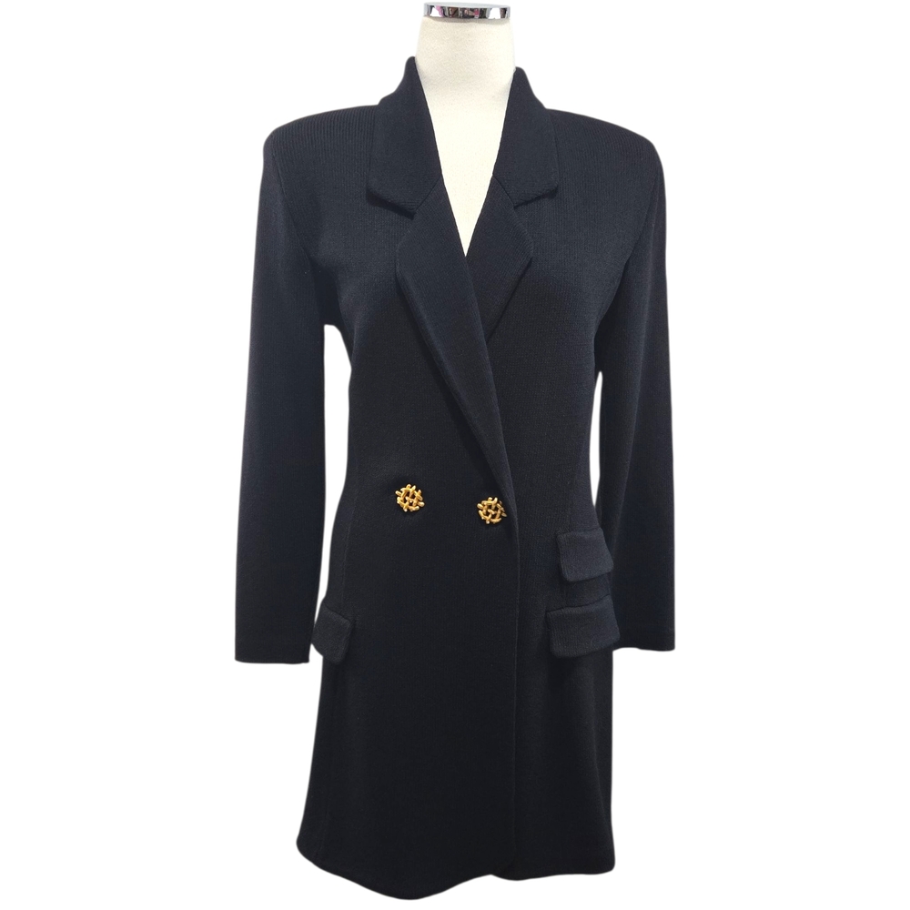 St. John Black Long Double-Breasted Blazer with Gold Buttons